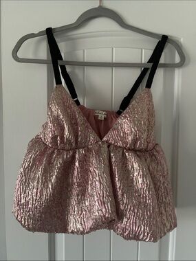 For Love And Lemons Pink Metallic Textured Peplum Crop Top with Black Straps